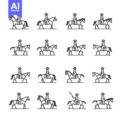 Aset desain premium: Line Art Illustrations of People Riding Horses in Various Positions