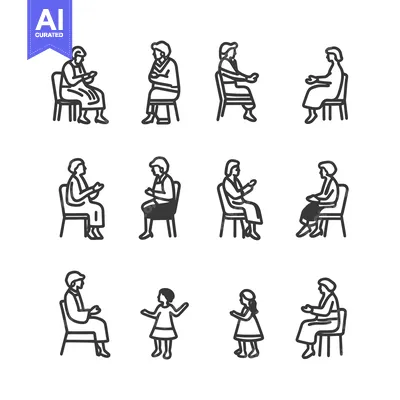 Aset desain premium: Line Art Illustrations of People Sitting and Standing in Various Poses