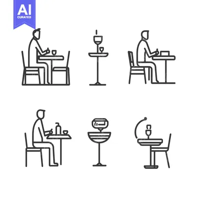 Aset premium populer: Line Art Illustrations of People Sitting at Tables with Different Tabl