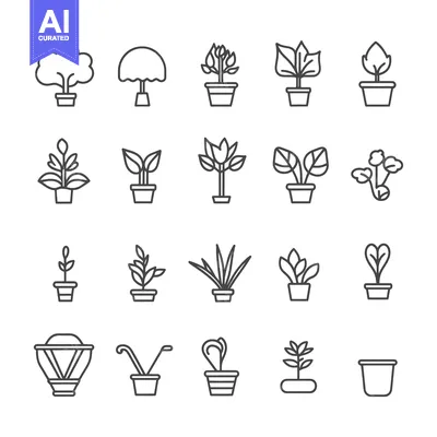 Aset desain premium: Line Art Illustrations of Potted Plants