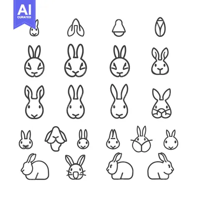 Aset desain premium: Line art illustrations of rabbits in various poses, including a full b