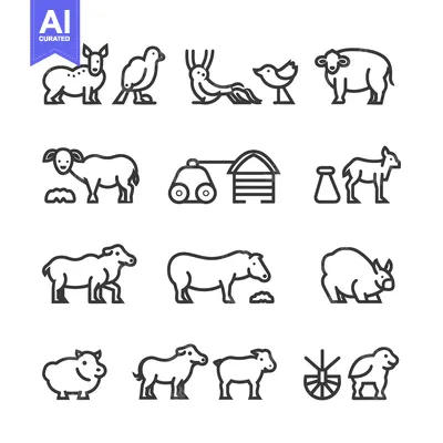 Line Art Illustrations of Various Animals and Farm Objects