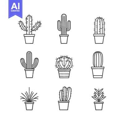 Line Art Illustrations of Various Cactus and Succulents in Pots
