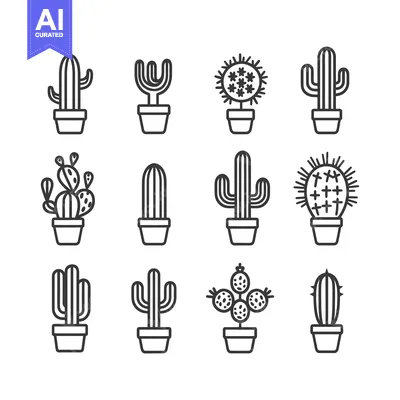 Premium design asset: Line Art Illustrations of Various Cactus Species in Pots
