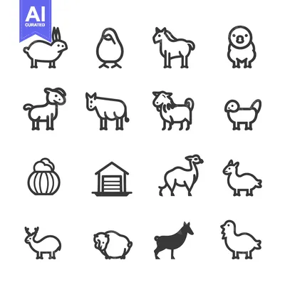 Premium design asset: Line Art Illustrations of Various Farm Animals and a Barn