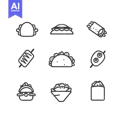 Aset desain premium: Line Art Illustrations of Various Food Items