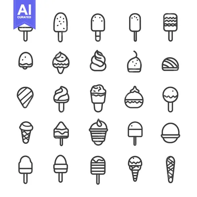 Aset desain premium: Line Art Illustrations of Various Ice Cream and Frozen Dessert Treats