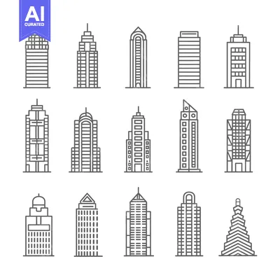 Aset premium populer: Line Art Illustrations of Various Skyscrapers