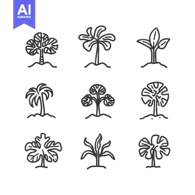Aset desain premium: Line Art Illustrations of Various Tree Types