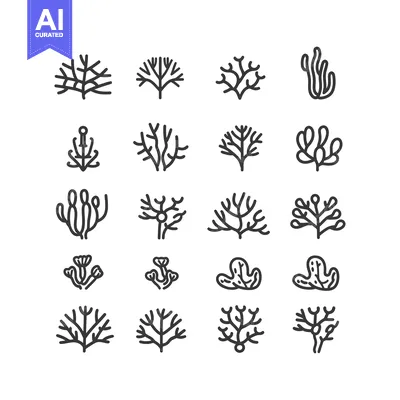 Aset desain premium: Line Art Illustrations of Various Types of Seaweed