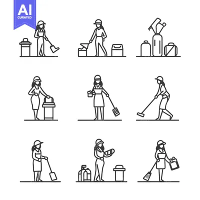 Line Art Illustrations of Women Performing Cleaning Tasks
