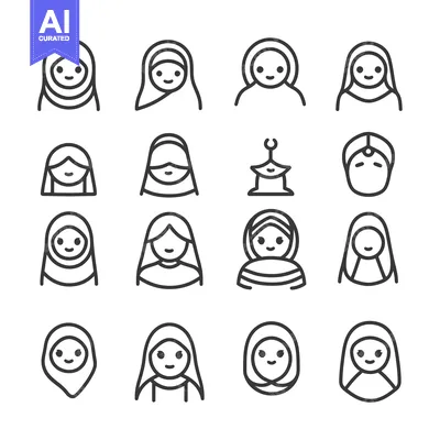 Aset desain premium: Line Art Illustrations of Women Wearing Headscarves and Headwear