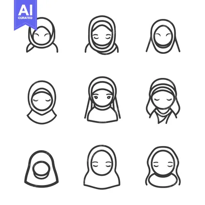 Aset desain premium: Line Art Illustrations of Women Wearing Hijabs