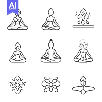 Aset desain premium: Line Art Illustrations of Yoga Poses and Spiritual Symbols