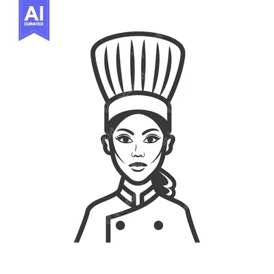 Aset desain premium: Line Art Portrait of a Female Chef Wearing a Tall Hat