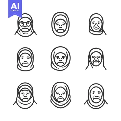 Aset premium populer: Line Art Portraits of Elderly Women Wearing Headscarves