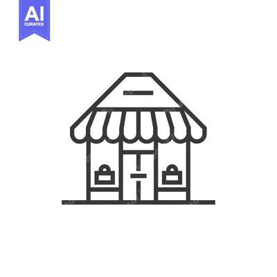Aset premium populer: Line drawing icon of a storefront with awning and two shopping bags in