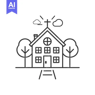 Aset desain premium: Line Drawing Illustration of a Church with Trees and Steps