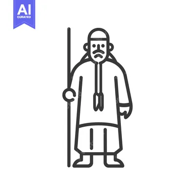 Aset desain premium: Line drawing illustration of a man in traditional clothing holding a s