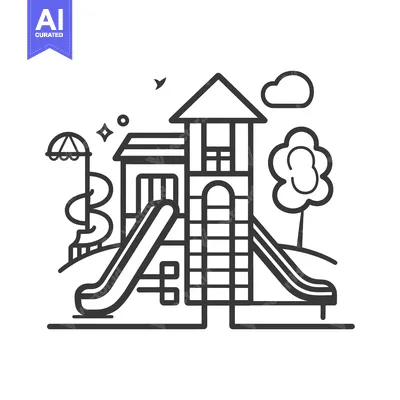 Aset premium populer: Line drawing illustration of a playground with a slide, a tower, a tre
