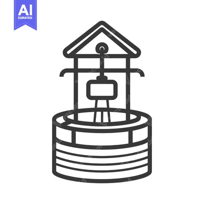 Aset desain premium: Line drawing illustration of a well with a bucket