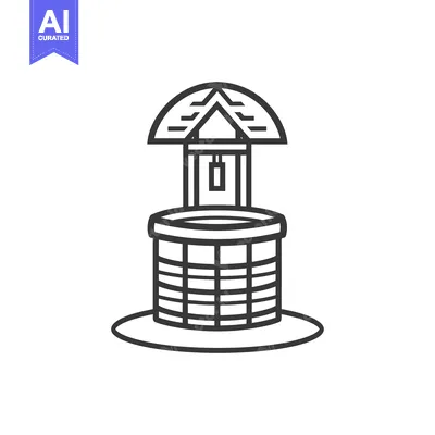 Aset premium populer: Line drawing illustration of a well with a roof