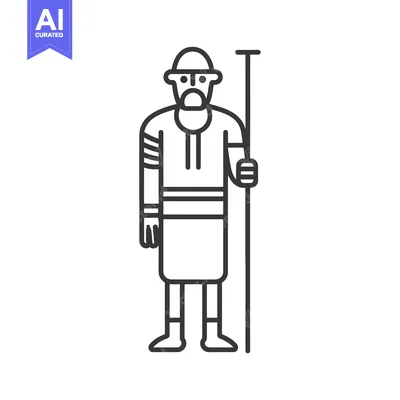 Aset premium populer: Line drawing of a bearded man in a tunic holding a staff