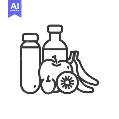 Premium design asset: Line Drawing of a Bottle, a Jar, an Apple, a Kiwi, and Two Bananas