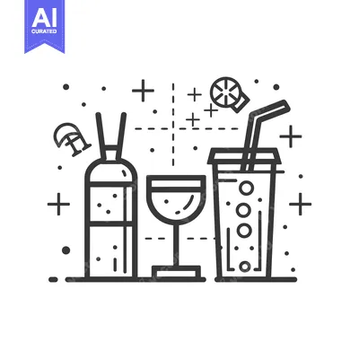 Line Drawing of a Bottle, Glass, and Cup with a Straw