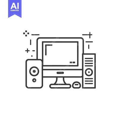Aset desain premium: Line Drawing of a Desktop Computer with Monitor, Speakers, and Mouse