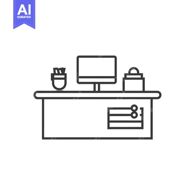 Aset desain premium: Line drawing of a desktop with a computer monitor, a vase, and a stack