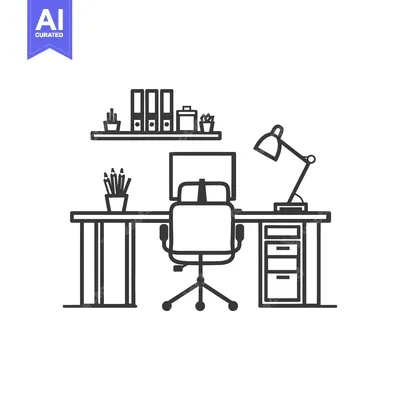 Aset premium populer: Line drawing of a desk with a chair, lamp, and plants