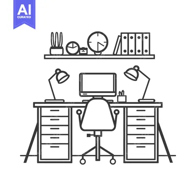 Aset premium populer: Line Drawing of a Desk with a Computer, Chair, and Office Supplies