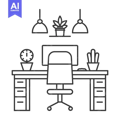 Line Drawing of a Desk with a Computer, Chair, and Plants