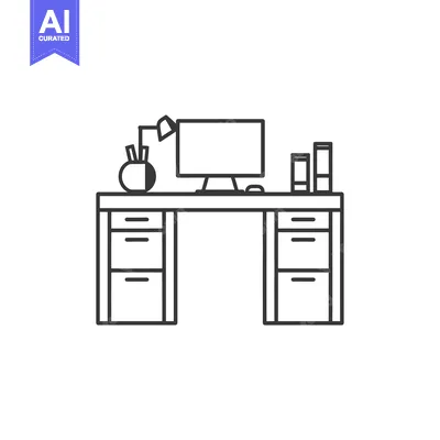 Aset premium populer: Line Drawing of a Desk with a Computer, Lamp, and Filing Cabinet