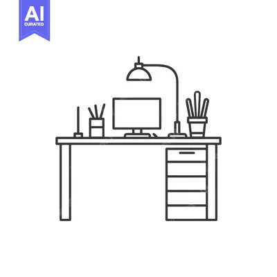 Premium design asset: Line Drawing of a Desk with a Computer, Lamp, and Plants