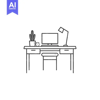 Aset desain premium: Line Drawing of a Desk with a Computer, Lamp, Plant, and Chair