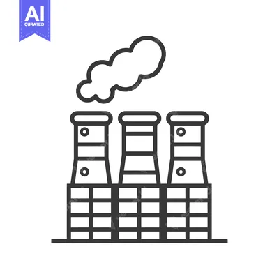 Aset desain premium: Line drawing of a factory with smoke emitting from chimneys
