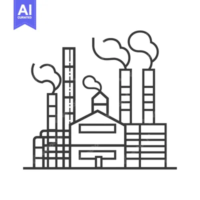 Aset premium populer: Line Drawing of a Factory with Smoke Stacks and Buildings