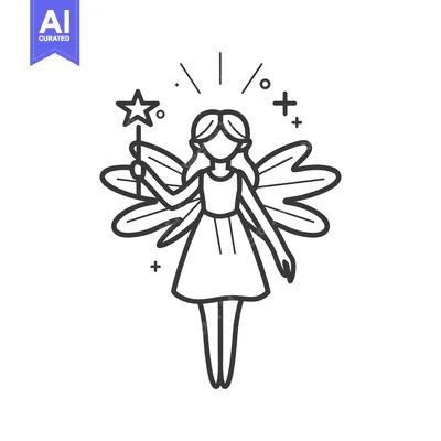 Aset desain premium: Line Drawing of a Fairy with Wings Holding a Magic Wand