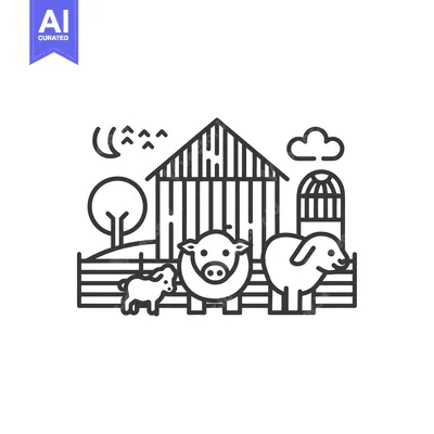 Aset desain premium: Line Drawing of a Farm with Animals and a Barn