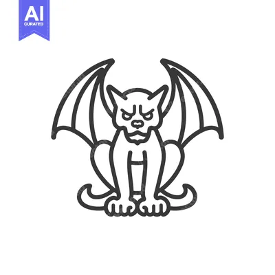 Aset desain premium: Line Drawing of a Feline Gargoyle with Wings