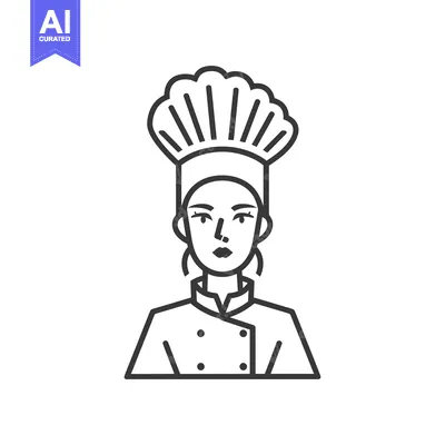 Aset desain premium: Line Drawing of a Female Chef Wearing a Tall Hat