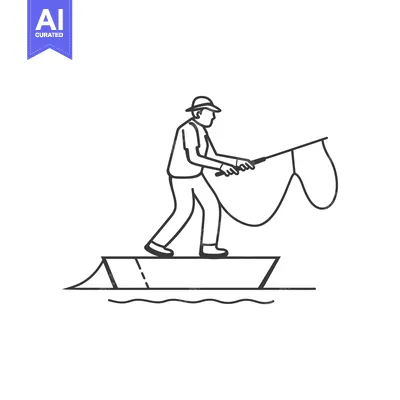 Premium design asset: Line drawing of a fisherman in a boat with a fishing rod