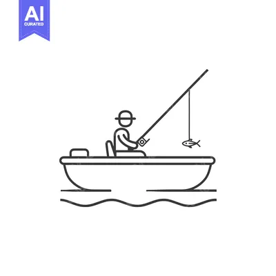 Aset desain premium: Line Drawing of a Fisherman in a Boat with a Fish on the Line