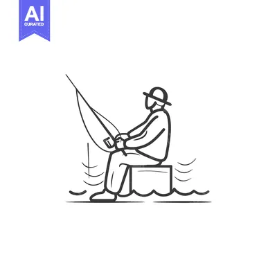 Popular premium asset: Line drawing of a fisherman sitting on a platform by the water