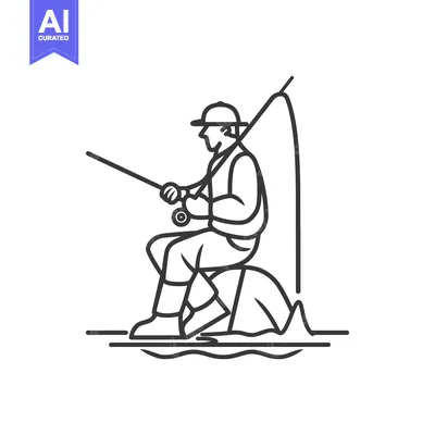 Aset premium populer: Line Drawing of a Fisherman Sitting on a Rock by the Water