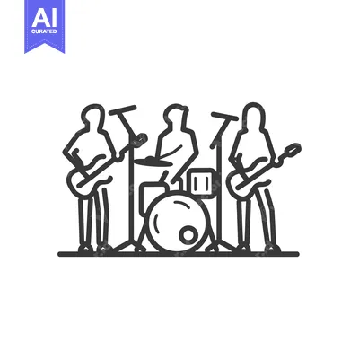 Line drawing of a four-piece band performing on stage