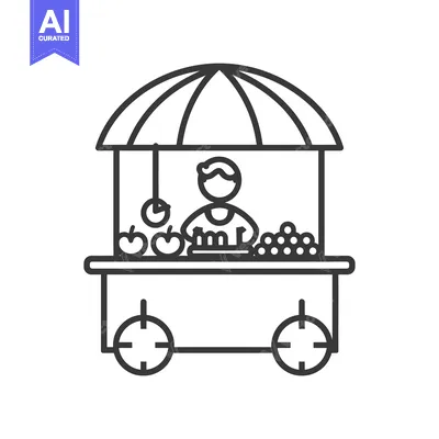 Popular premium asset: Line drawing of a fruit vendor's cart with an umbrella and produce