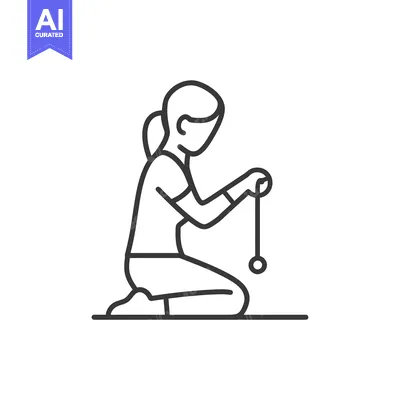 Aset desain premium: Line Drawing of a Girl Kneeling and Playing with a Yo-Yo